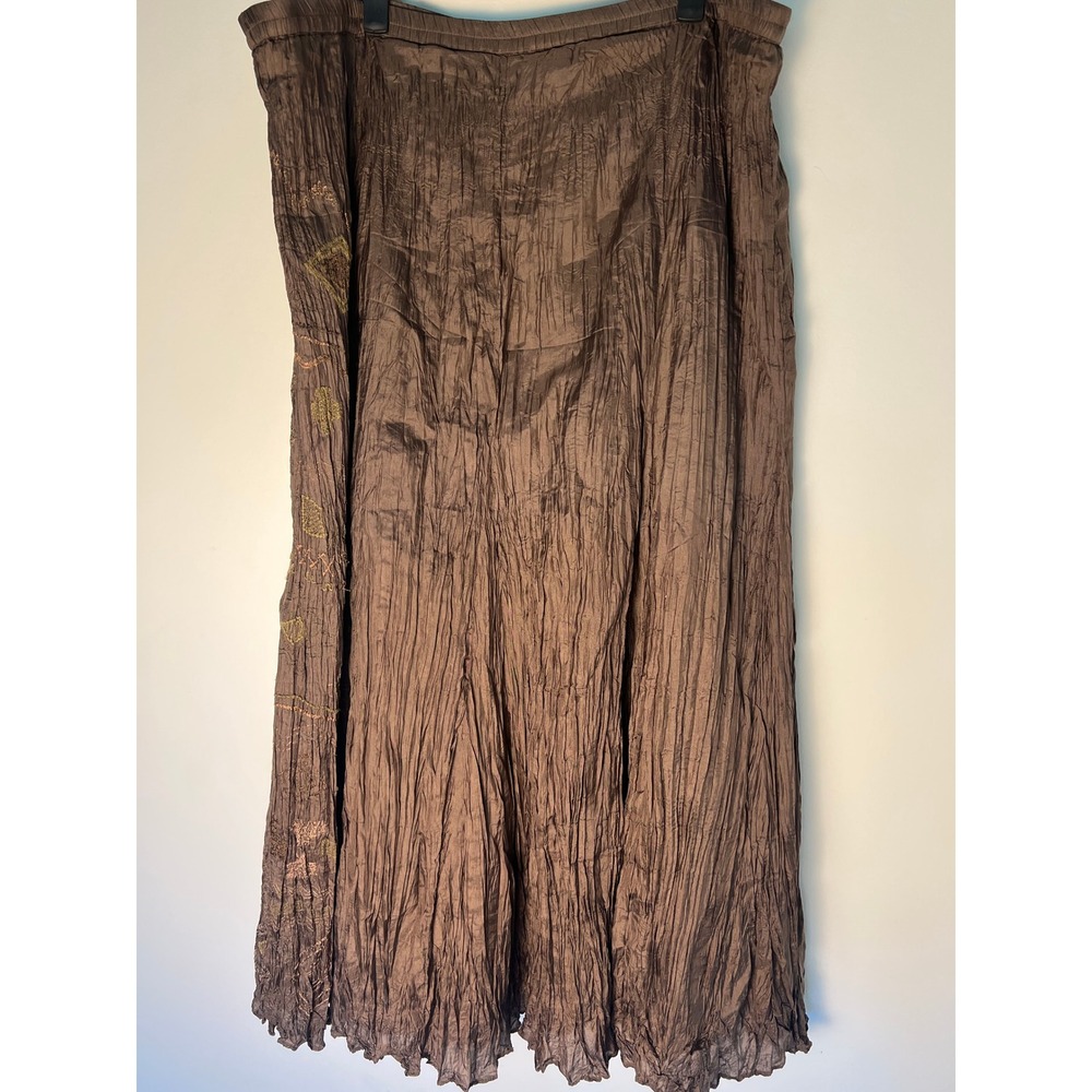 VTG Chico's 2/ LG Maxi Skirt Boho Crinkle Silk Embroidered Brown Lined Gypsy Y2K